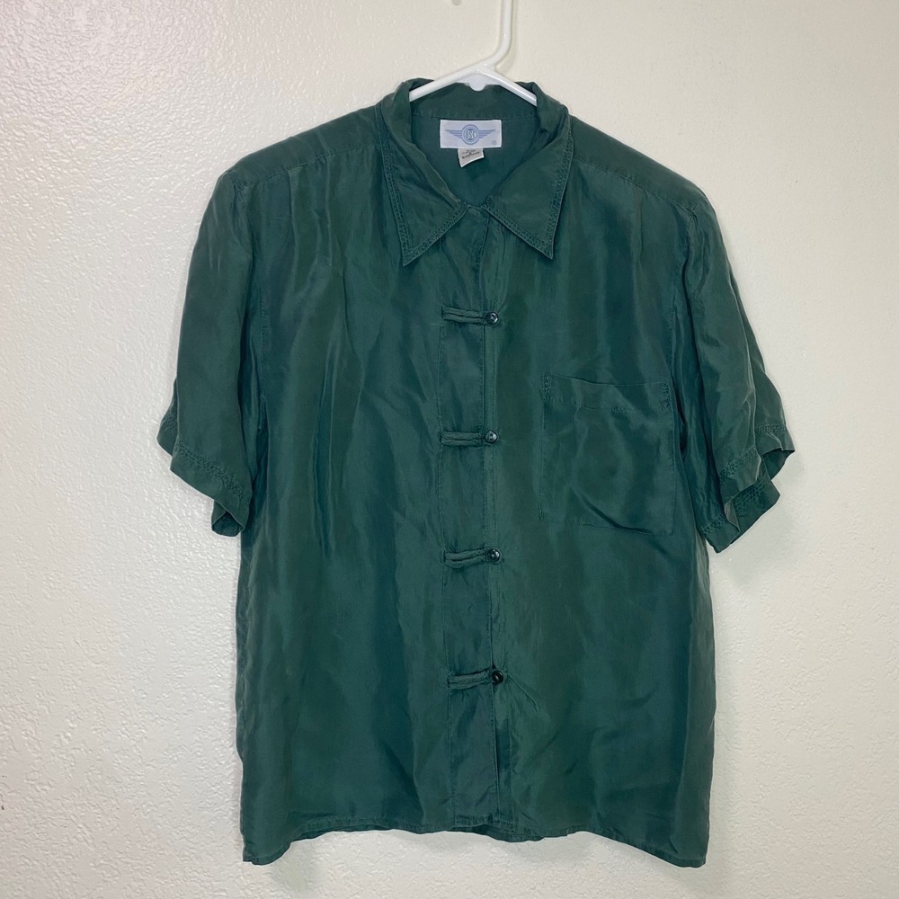 Vintage OSC Womens Size Small Silk Green Shirt Oriental Mandarin Military Indie